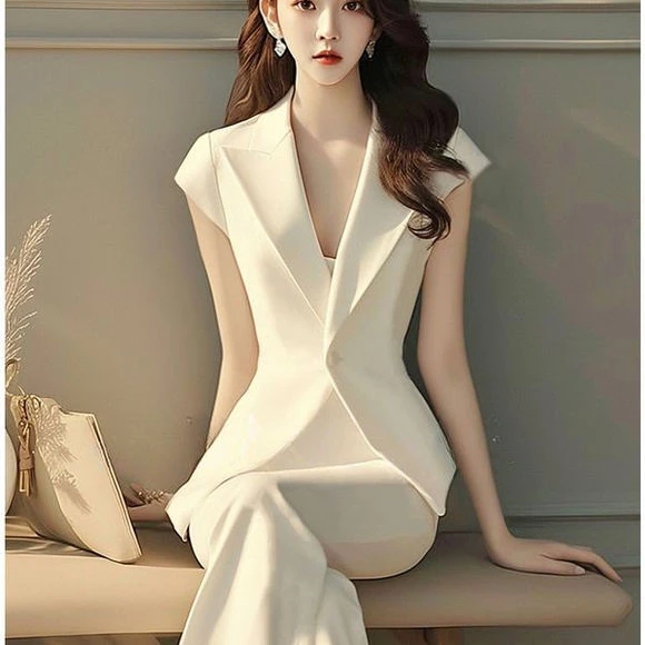 韩剧穿搭名媛高端干练气质高级感白色西装上衣阔腿裤两件套装女夏