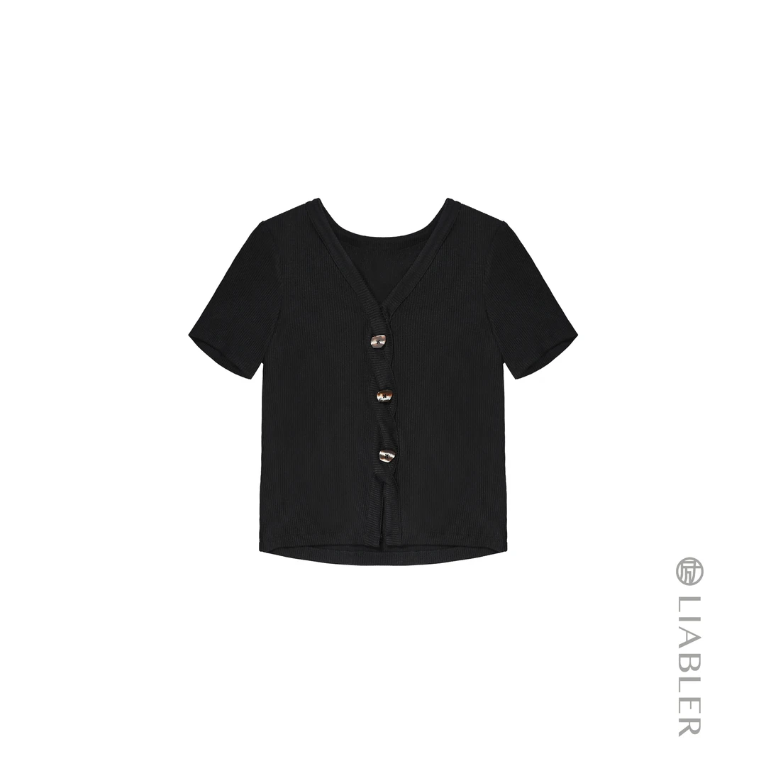 LIABLER/励 X25春夏V领短袖针织夏季黑色上衣 LSS251534J