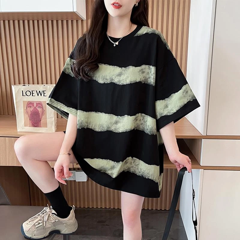 哥弟阿玛施正品条纹中长款短袖t恤女夏季2025新款韩版宽松大码慵