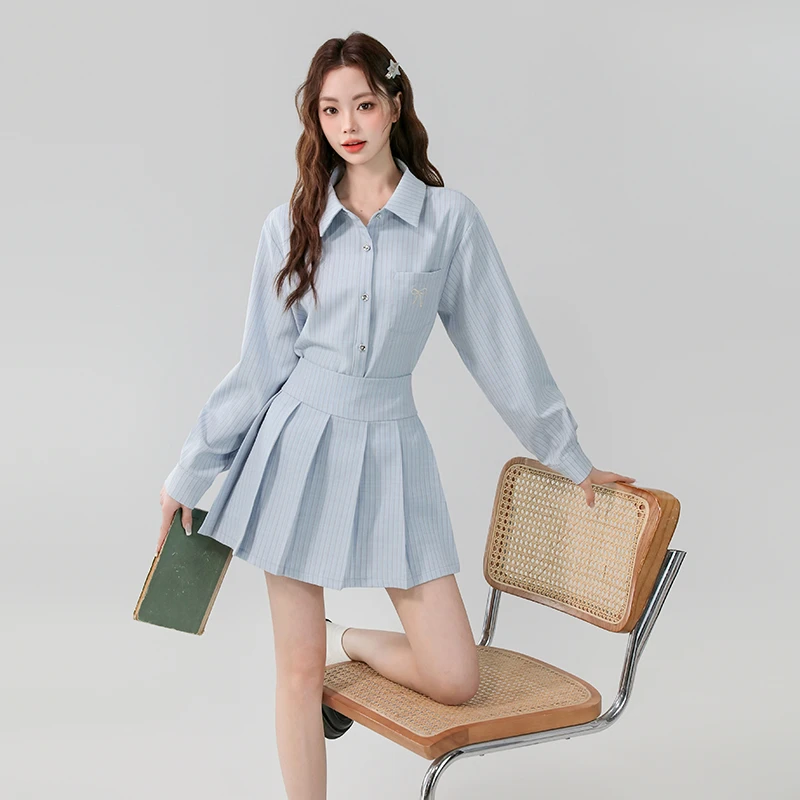 春夏新款甜美减龄条纹衬衫衬衣+条纹百褶裙学院风短款两件套装裙