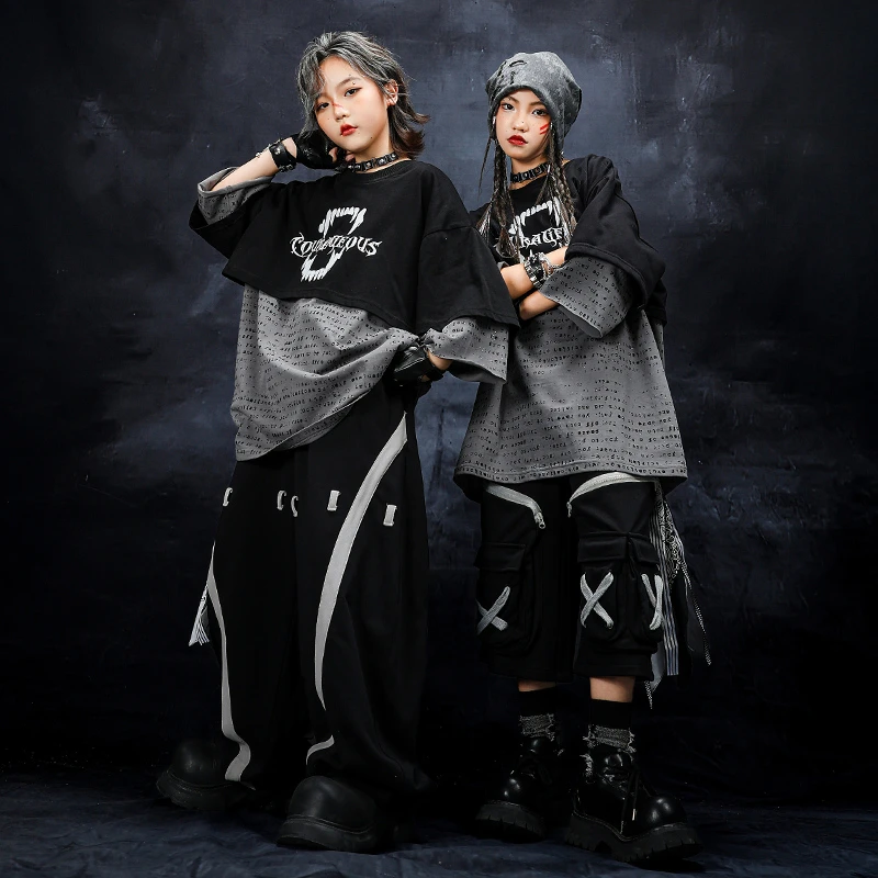 街舞儿童潮服男女童酷帅嘻哈宽松T恤hiphop舞蹈服架子鼓表演出服