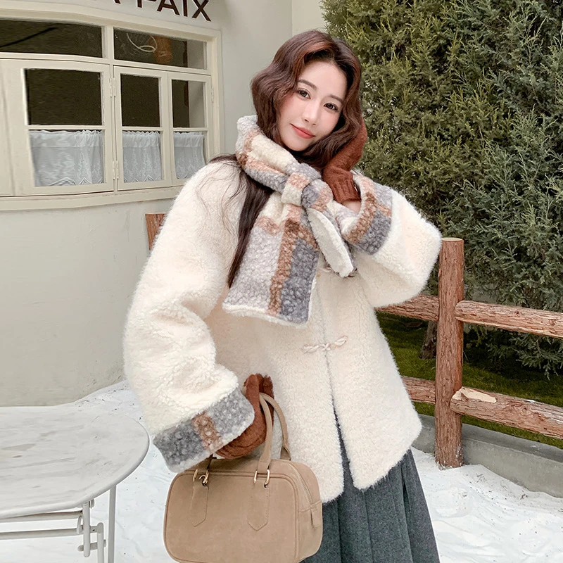 格子拼接羊羔毛棉服外套女款2025冬季新款洋气独特超好看加绒棉袄