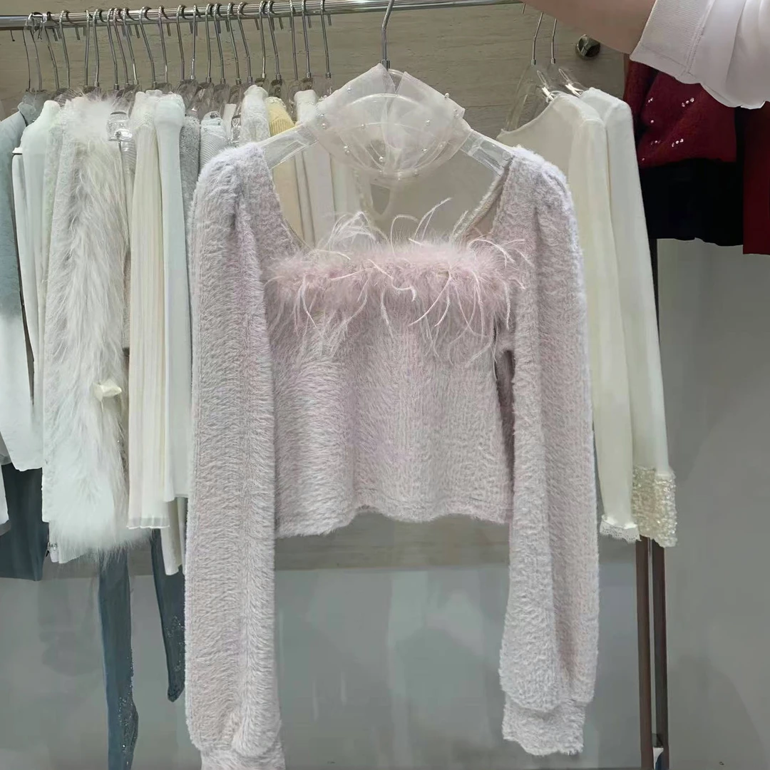 法式网纱拼接镂空衬衫女立体羽毛设计感长袖上衣