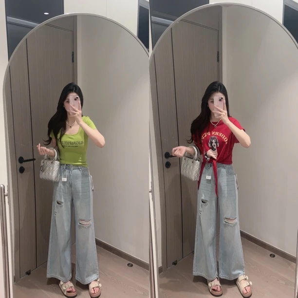 9223-夏季薄料破洞九分牛仔裤