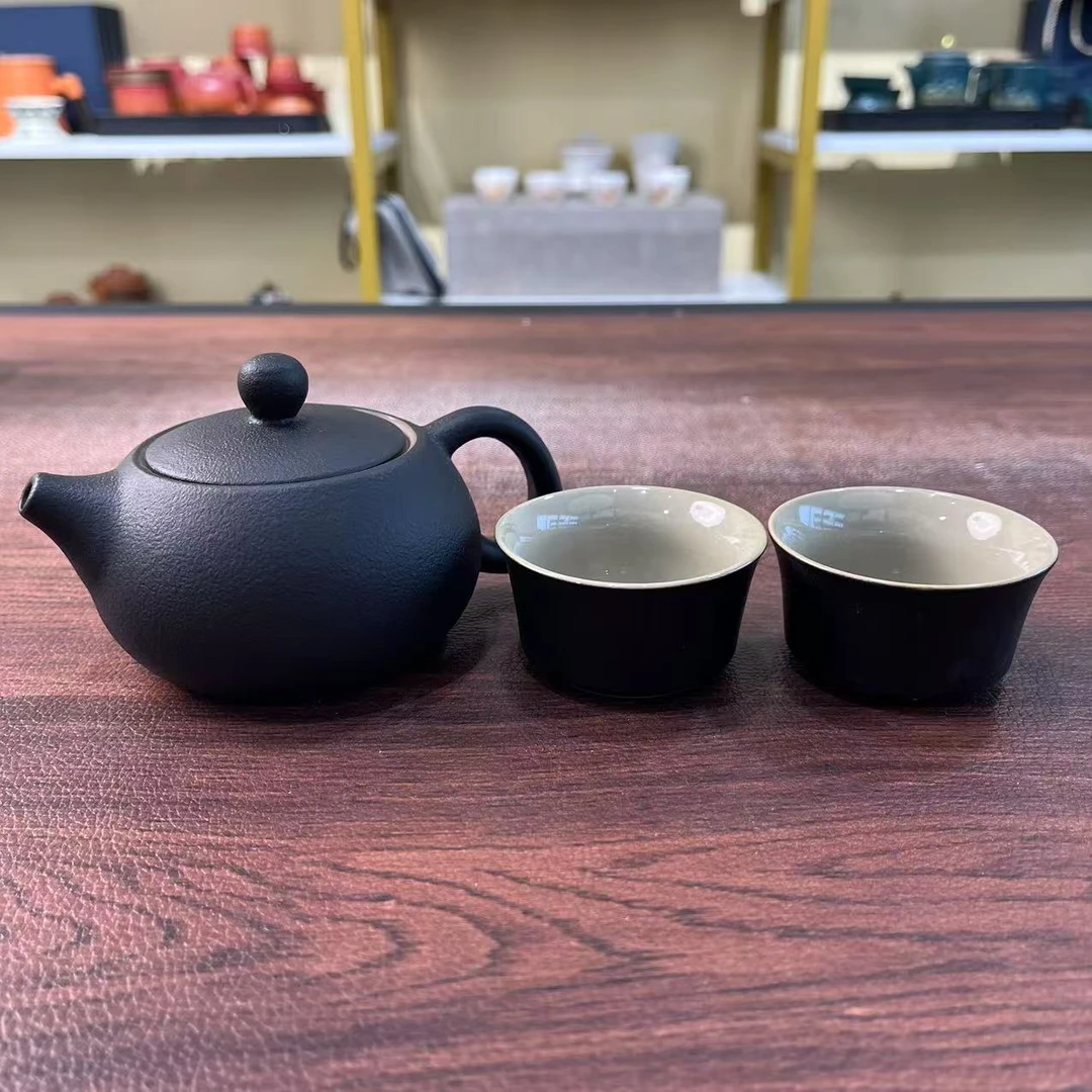 Z6072黑色粗陶陆宝釉面小西施壶带两杯家用功夫茶具