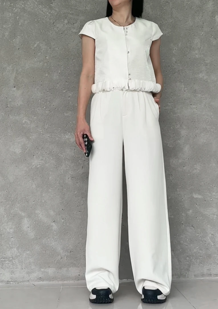 【直播】86127小香风套装2024夏季新款女洋气上衣+阔腿裤两件套