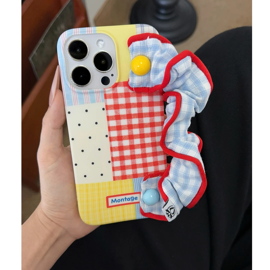 ZMGX拼接格纹腕带适用iPhone16/15pro手机壳华为oppo小米14vivo套