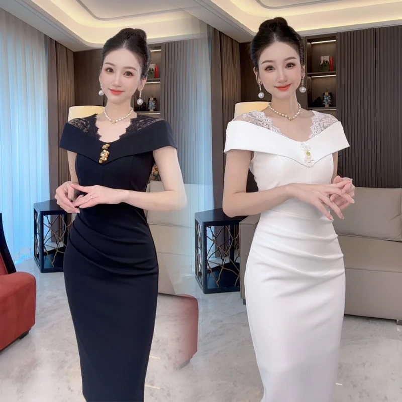 【小茵家】夏季气质修身拼接蕾丝收腰包臀开叉连衣裙女神洋气