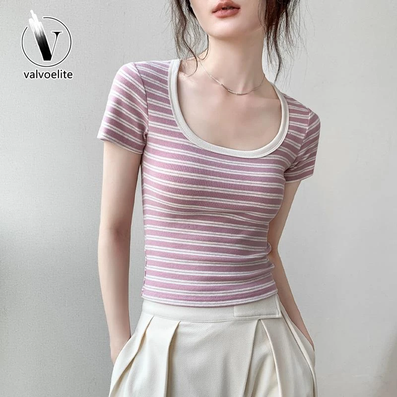 VALVOELITE条纹正肩透气露锁骨体恤女夏修身显瘦不规则百搭短上衣