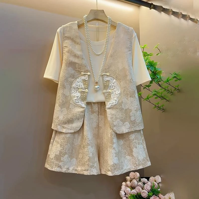 胖mm新中式复古时尚套装女2025夏季大码女装印花宽松马甲三件套装