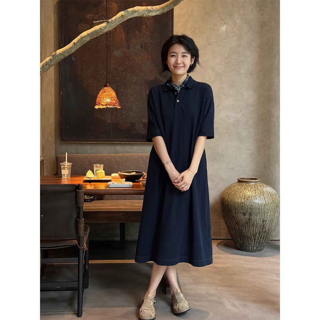 LANGQING 藏青色a字中长款简约polo领显瘦连衣裙45304/45492#