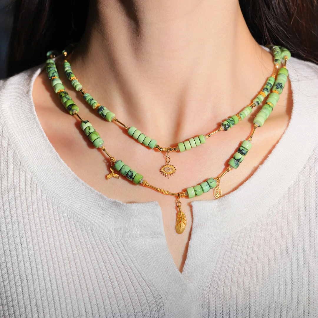 ❮娇丰珠宝❯春日珠宝原矿绿松石18K金菜籽黄直切叠戴锁骨链6.5+mm