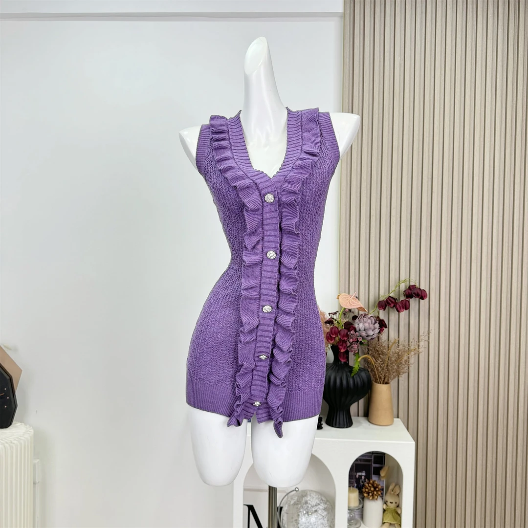 COOLLINE林子熙 一眼顶美紫 纯欲薄款紧身针织v领女神短裙连衣裙