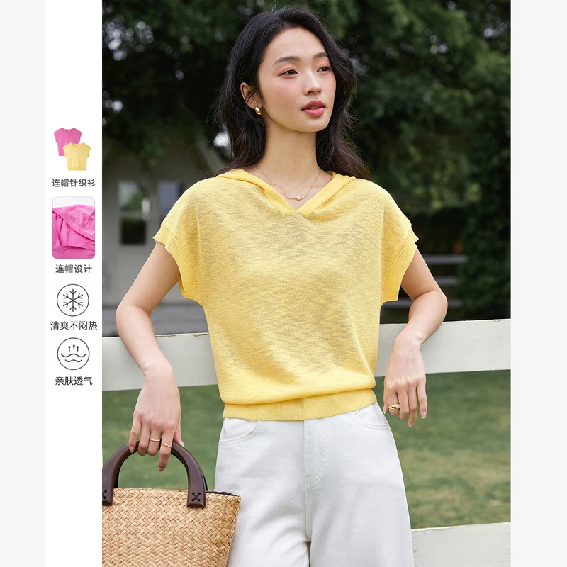 梵希蔓时尚休闲连帽针织短袖T恤女夏季新款气质百搭透气上衣75000