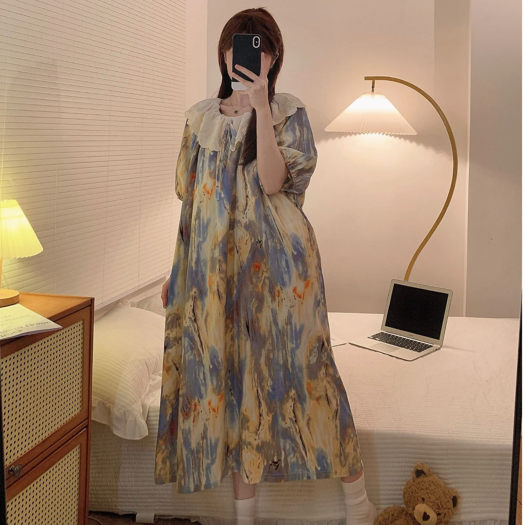 带胸垫大码睡裙云朵棉短袖长裙宽松舒适家居服可外穿夏季