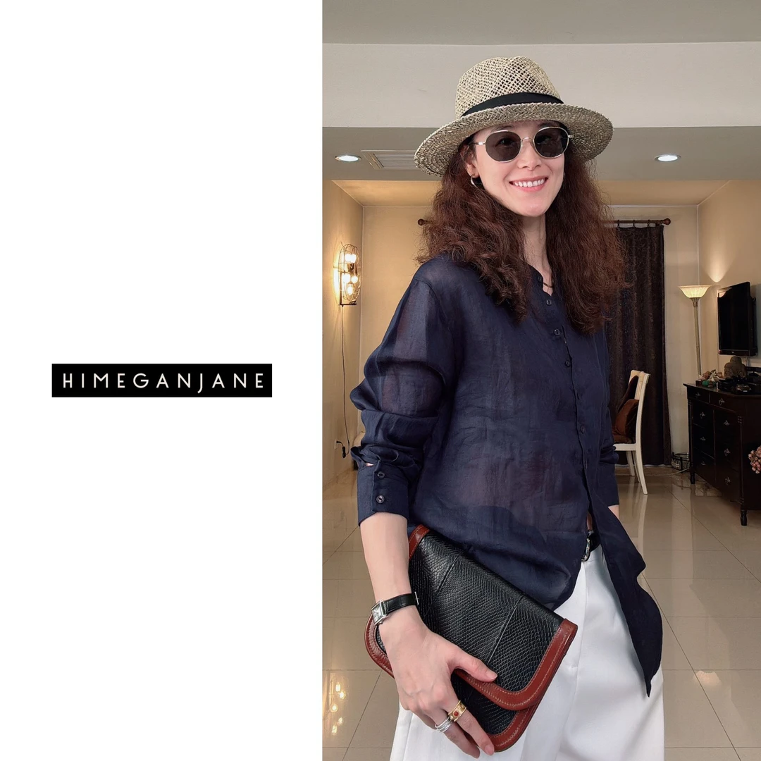 HIMEGANJANE 100%苎麻藏青立领排扣长袖衬衫 250392A02