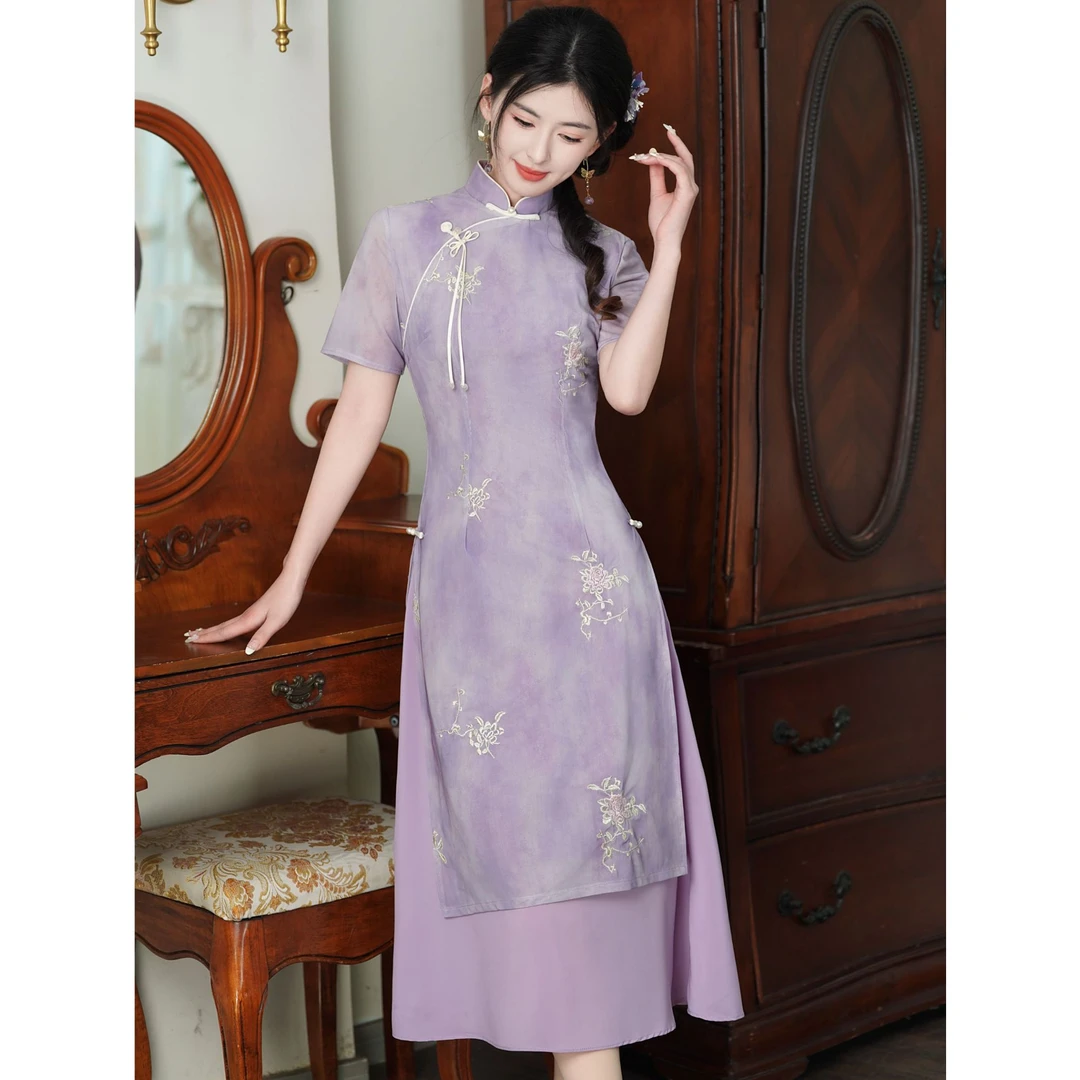 【月华琉裳】中国风气质女神透气旗袍连衣裙新中式显瘦双层衣长115