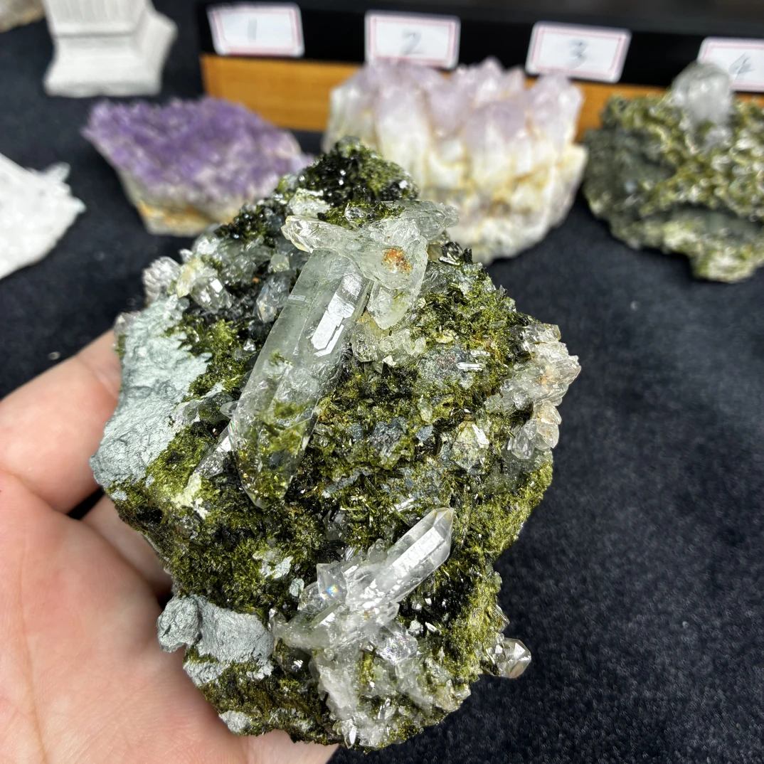 天然白水晶绿帘石水晶碧喜共生晶簇摆件装饰消磁矿石标本