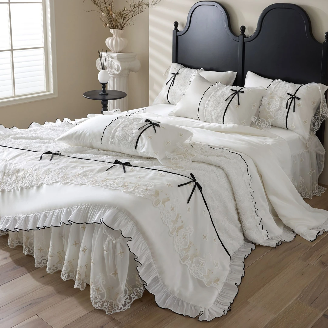 韩式公主风兰精天丝被套被罩四件套丝滑少女心印花床裙款床品套件