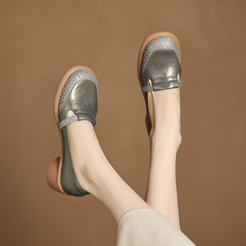 牛皮/5cm/春秋新款时尚百搭粗跟厚底复古四季真皮单鞋女鞋妈妈鞋