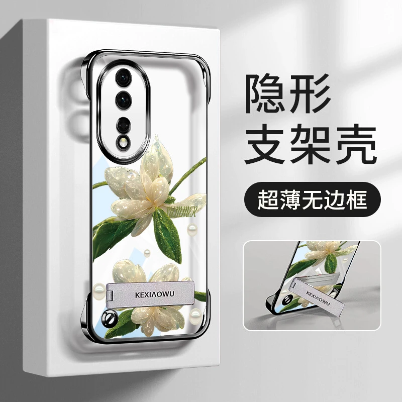 适用荣耀80无边框80Pro手机壳电镀春夏透明水晶花超薄保护套时尚