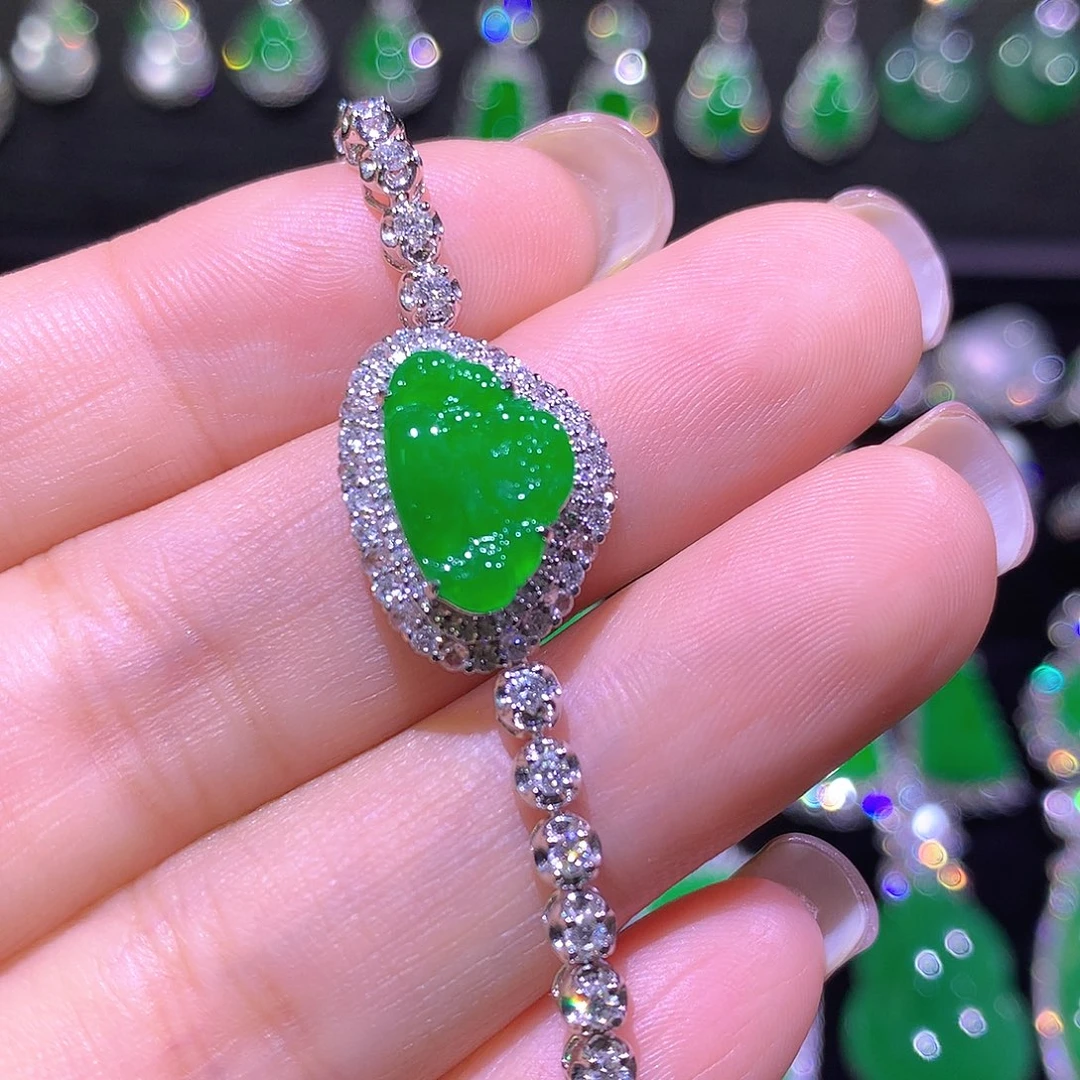 翡翠18K金镶嵌手链高冰满绿正阳绿弥勒佛手链