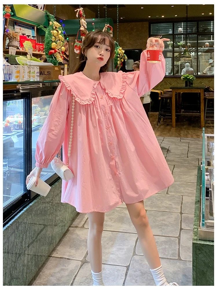 大码孕妇春秋2025年新款时尚韩版娃娃领衬衣连衣裙开扣哺乳衣2516