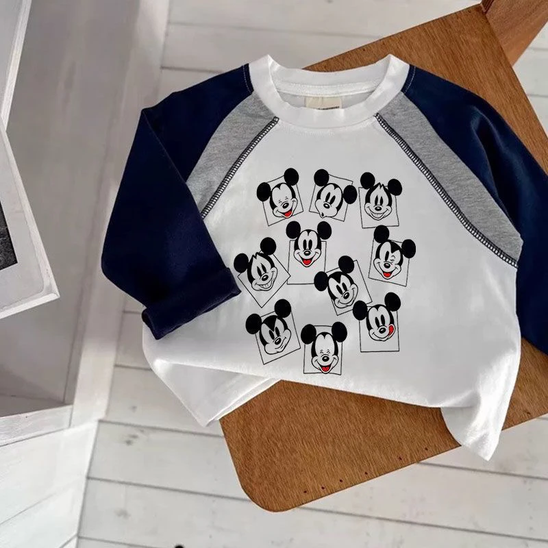 新款拼接插色帅气男童春秋季儿童纯棉长袖T恤T恤米奇宽松上衣潮衫