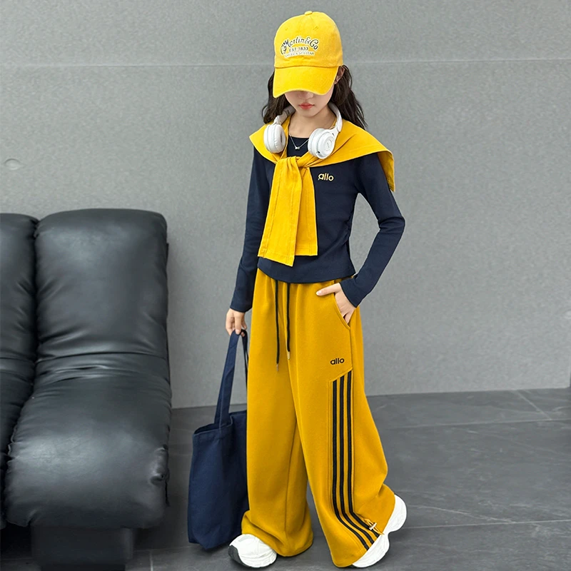 女童秋装休闲套装2025新款韩版洋气女孩春秋披肩长袖阔腿裤三件套