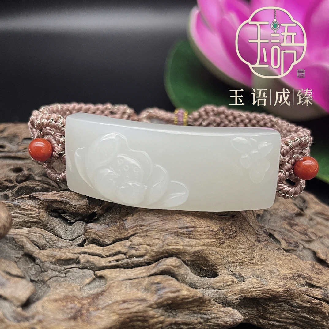 【且末白玉·玉绾清莲（引蝶）】和田玉莲花手牌编织手环