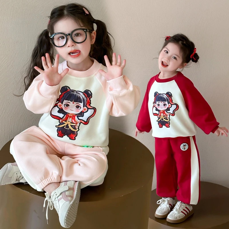 女宝宝休闲时尚套装儿童哪吒卫衣套装女童春秋时髦网红卡通两件套