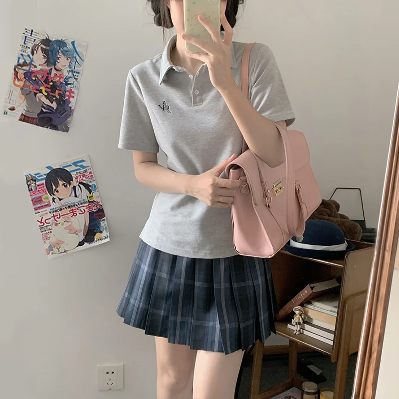 空栗鼠丸原创jk收腰polo衫学院风多色T恤百搭运动款jk格裙套装女