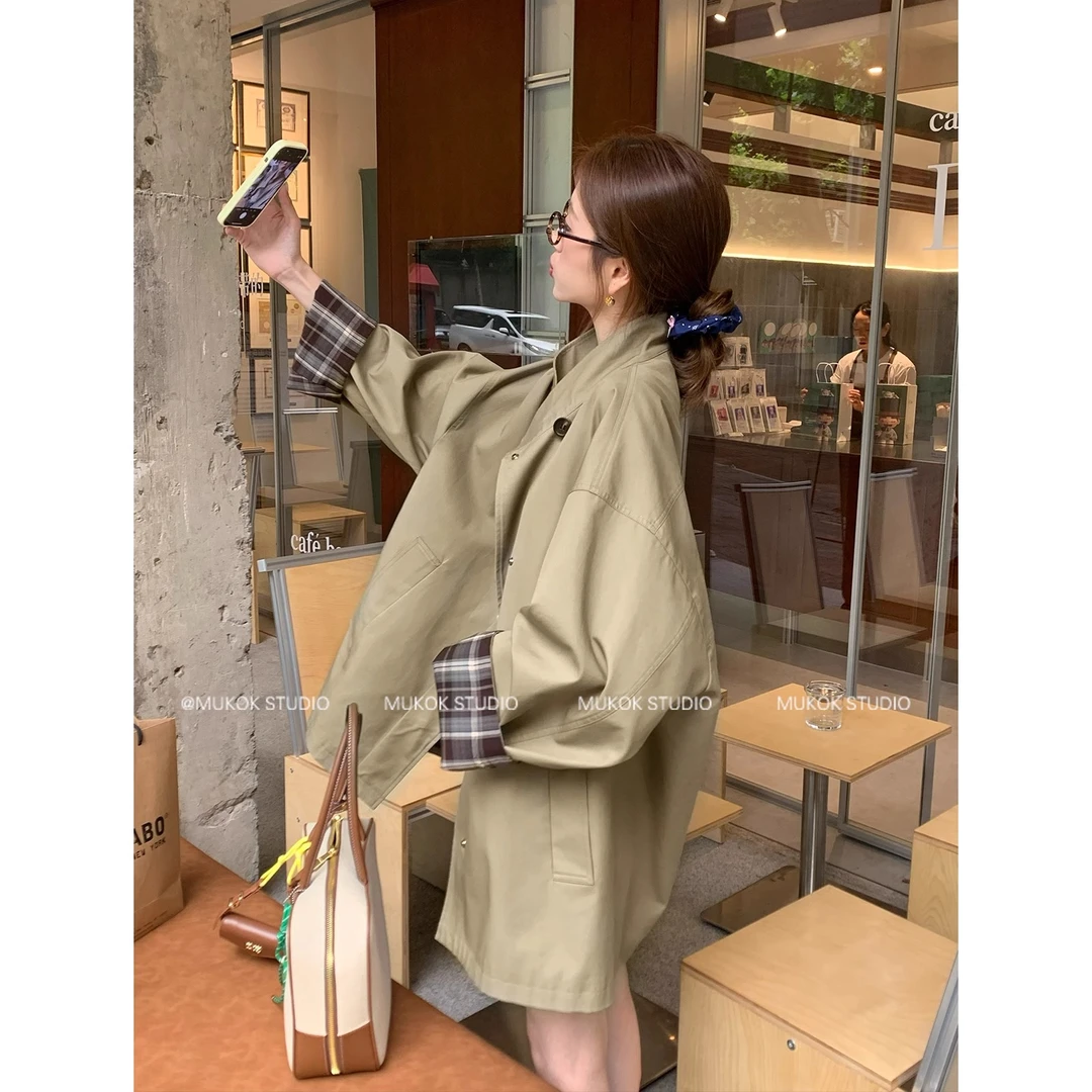 Benview【诺丁山下】2025春秋撞色风衣 外套廓形显瘦宽松英伦风大衣