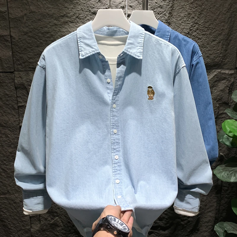 春秋潮牌高级感小众高端男装纯色纯棉刺绣衬衫男长袖痞帅衬衣衣服