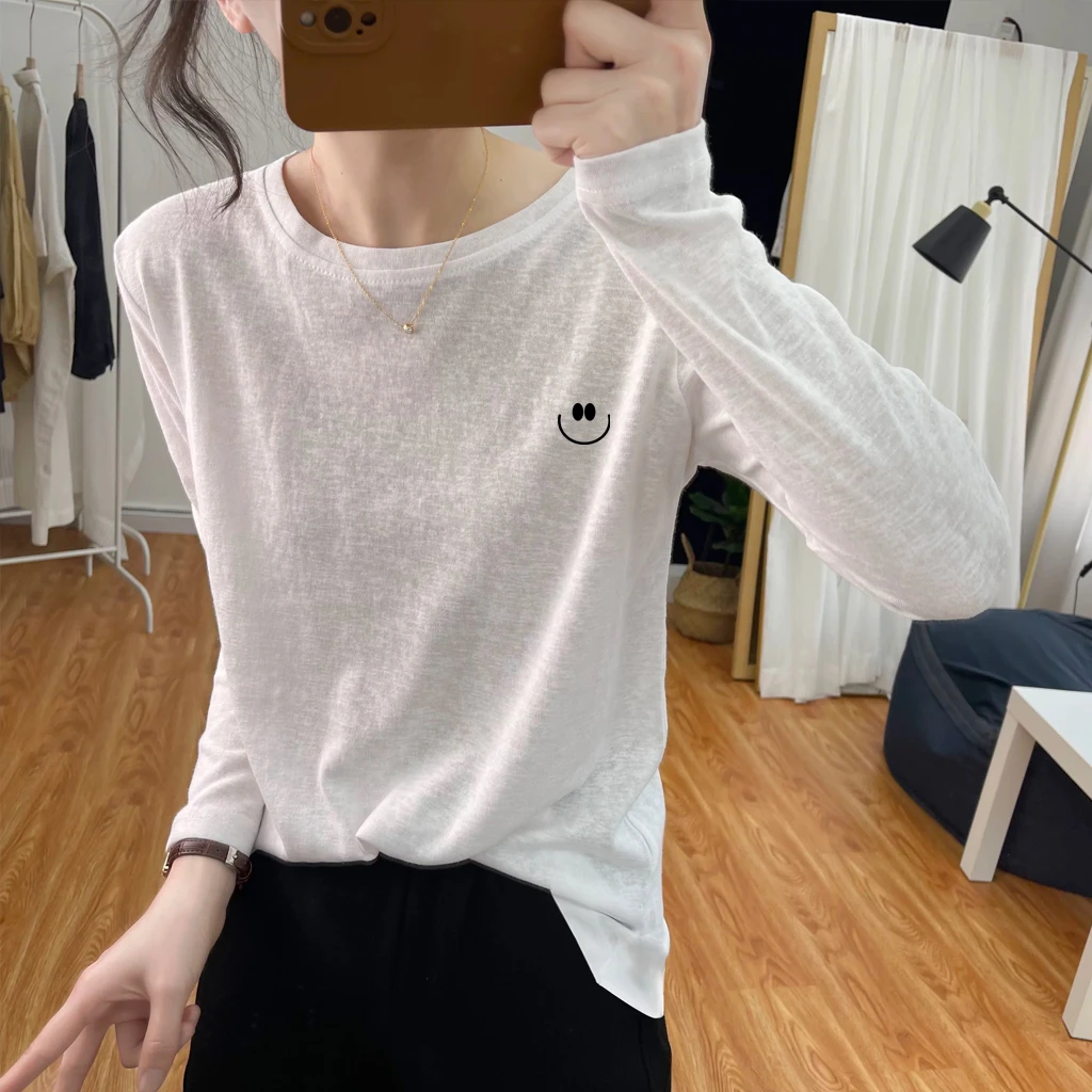 正肩女长袖雪花棉长袖宽松白色体恤内搭打底衫女春秋季新款上衣