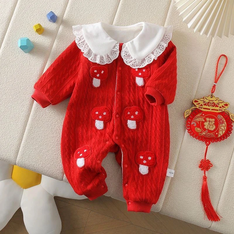 清拜年服秋冬婴儿喜庆衣服夹棉加厚宝宝连体衣红色保暖外出哈衣