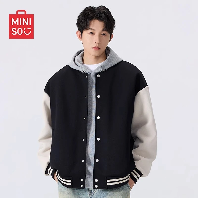 名创优品黑白拼接棒球服男秋2025新款美式高街青少年潮流夹克外套
