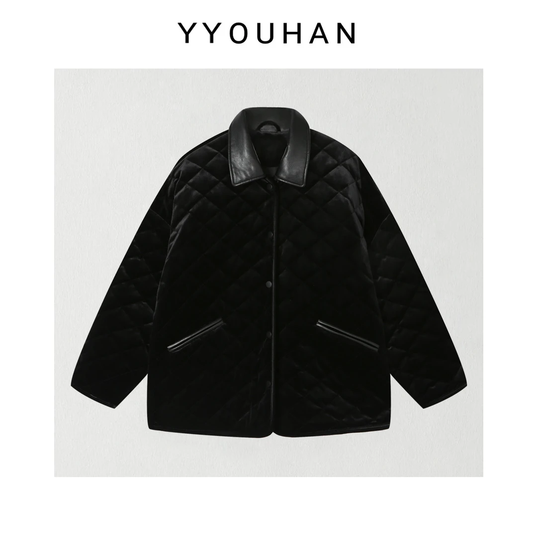 月月 小众设计年货定制极简风皮领拼接菱格丝绒外套 2512C9139