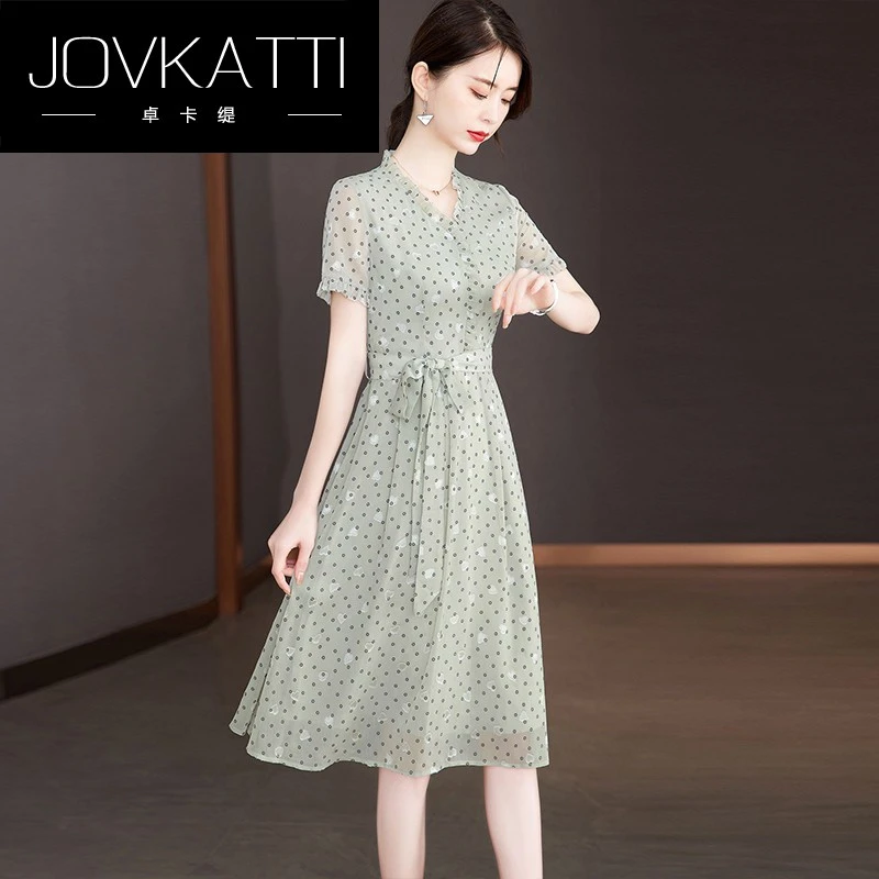 绿色碎花雪纺洋装夏季2025新款女装V领夏装气质名媛高级感裙子