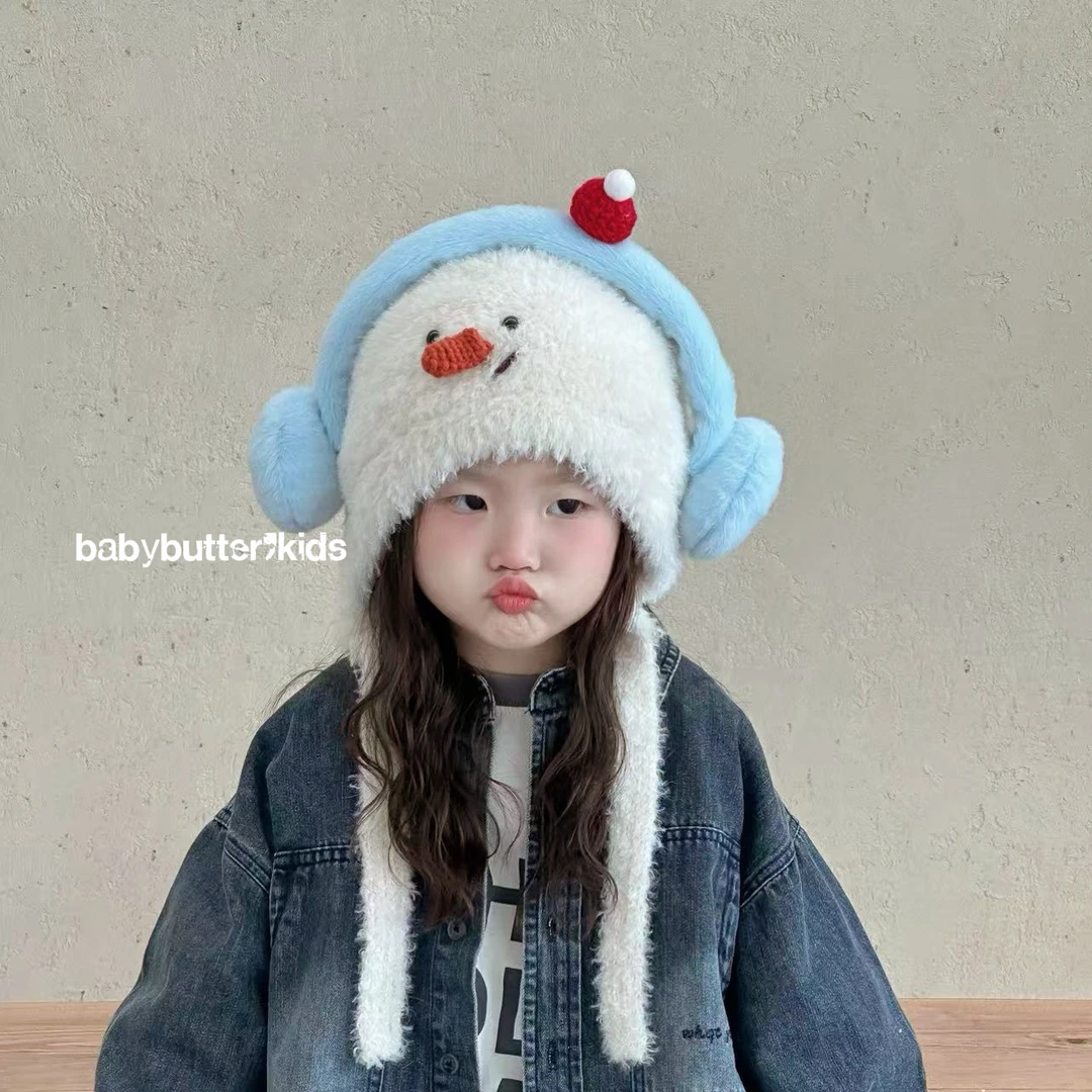 【不可机洗】儿童帽子秋冬可爱耳机小雪人卡通毛绒护耳帽加厚针织帽