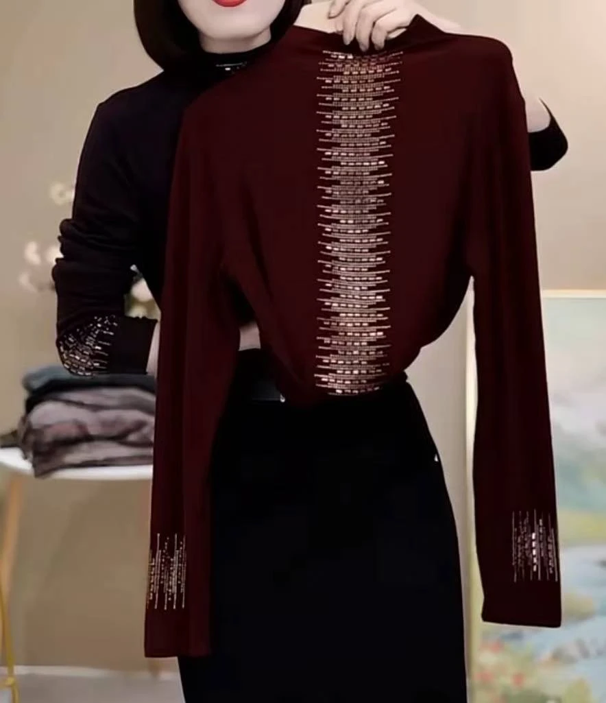 冬季女士时尚烫钻德绒半高领打底衫