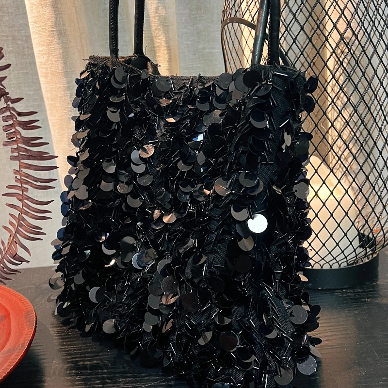 黑色亮片包包女2025夏季新款刺绣手拎包手提小方包精致百搭单肩包