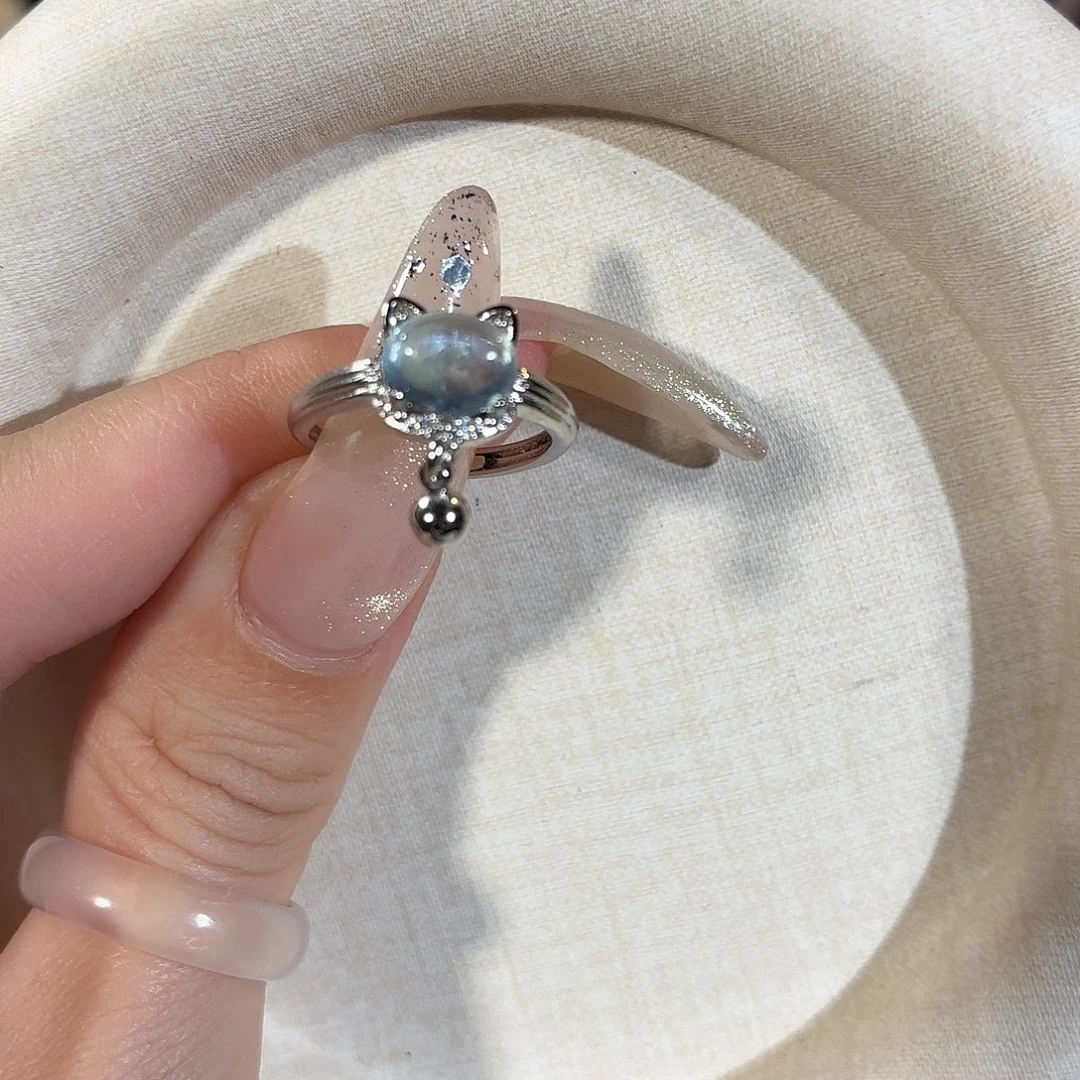 合金海蓝宝石戒圈海蓝宝猫咪戒指可调节