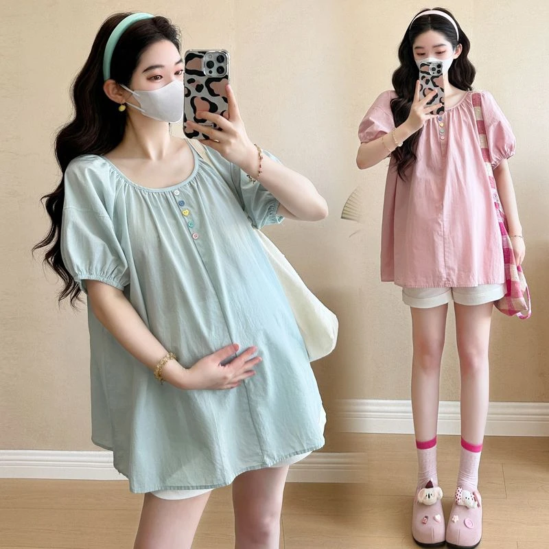 孕妇法式甜美减龄娃娃衫短袖上衣+托腹短裤夏季薄款显瘦两件套
