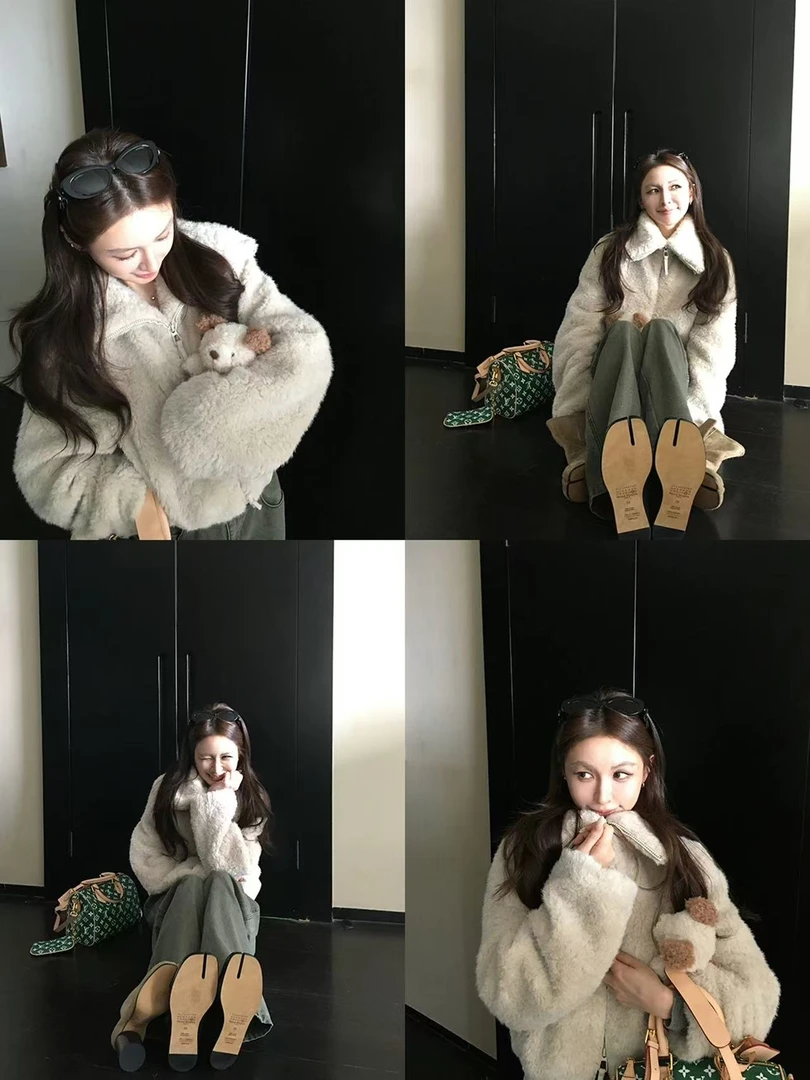 女长款圆领中长款包袖小香风秋冬毛毛外套