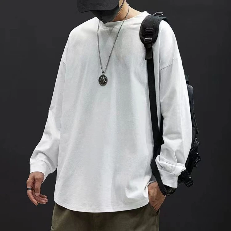 260克长袖T恤男白色打底衫圆领春装宽松纯棉内搭外穿休闲男士男生