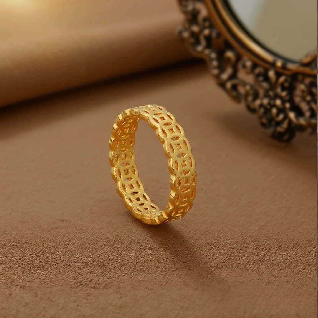 黄金戒指足金999钱多多满圈金古风国风个性足金戒指