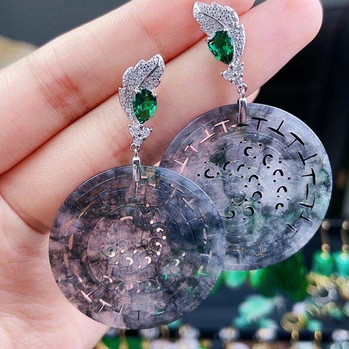 翡翠耳饰银S925镶嵌饰品