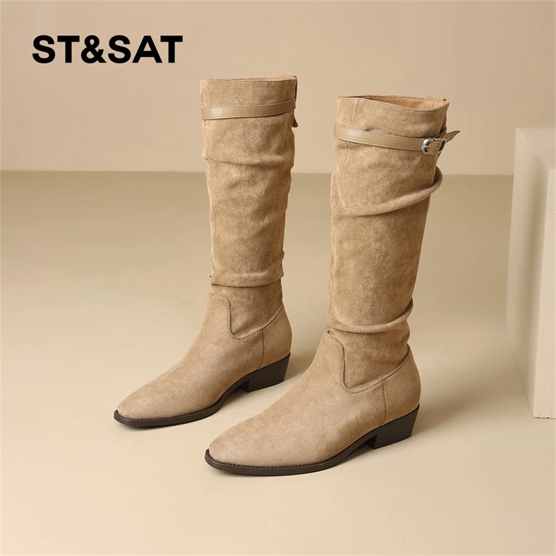 星期六网红爆款时装靴女2025秋冬款复古风长筒靴粗跟不过膝西部靴