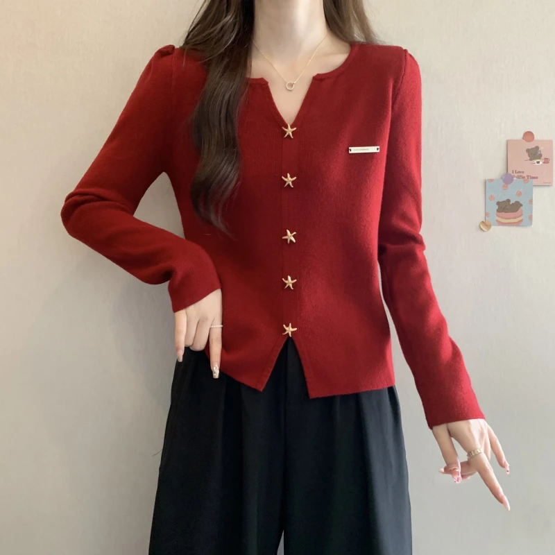 【80-180斤】大码女装显瘦毛衣女秋冬新款红色上衣V领内搭打底衫